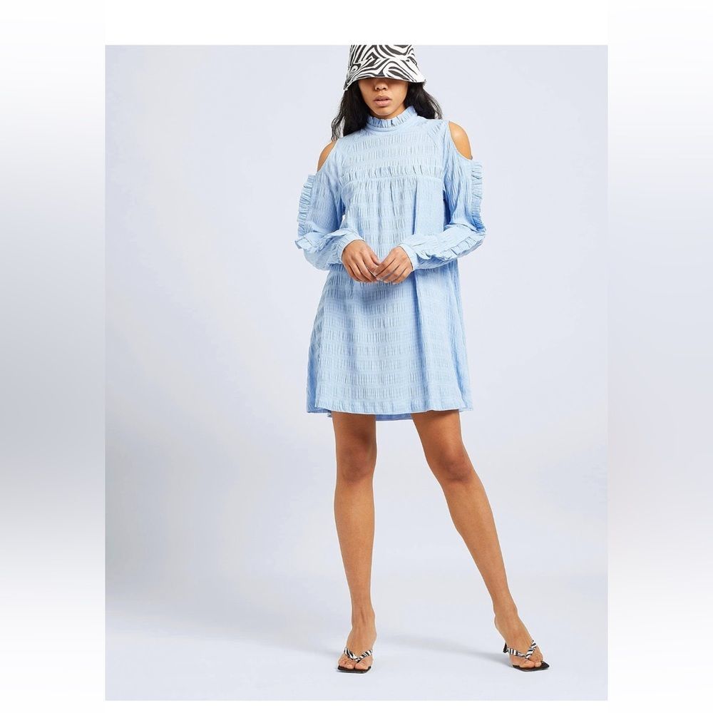 Sky blue Short mini long sleeve cut out shoulder Dresses size 6 made Italy NWT